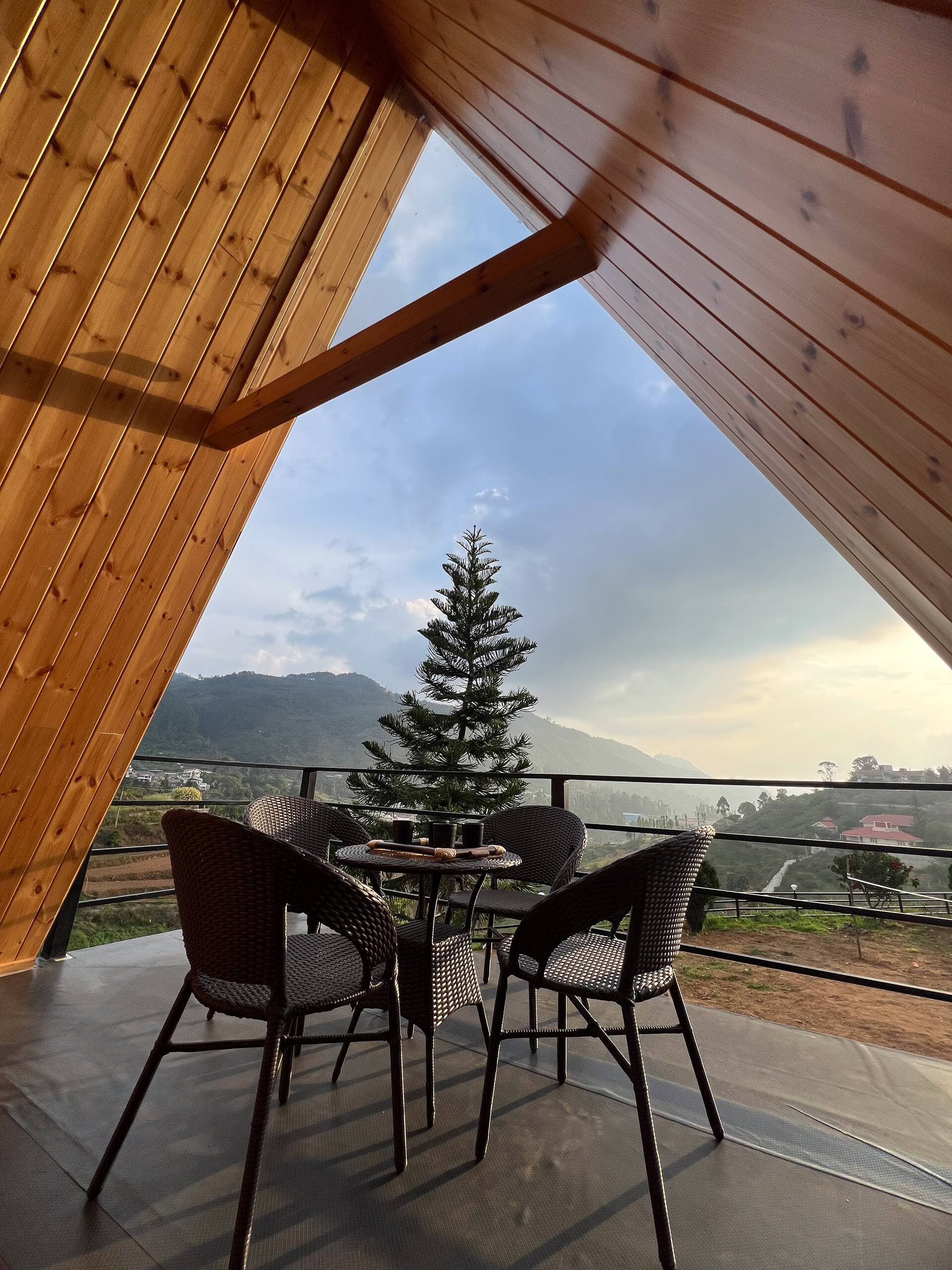 The valley framed by the A-frame opening