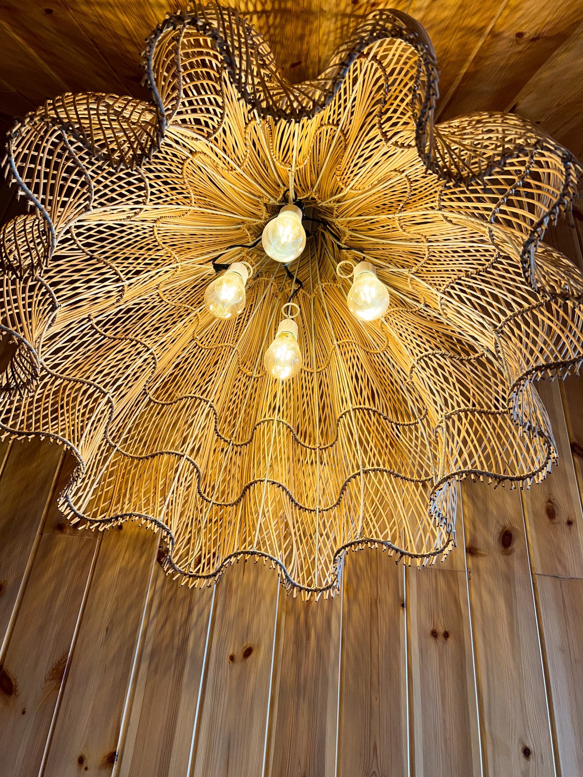 Woven light fitting against pine
